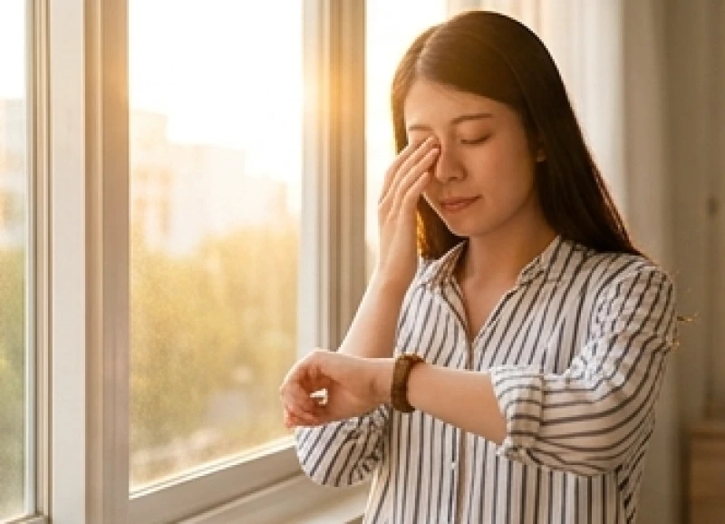 Cô gái trẻ đang nhìn đồng hồ đeo tay để xác định chính xác khung giờ âm lịch khi mí mắt trái bất ngờ co giật