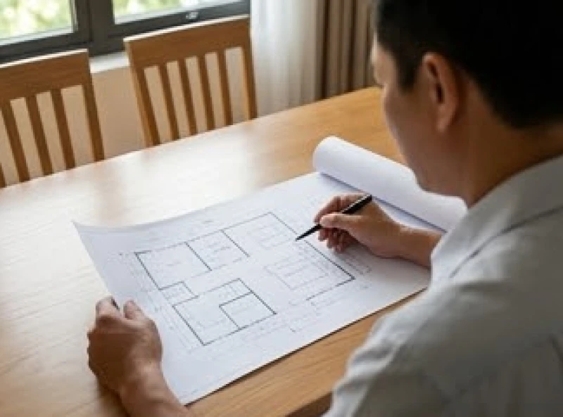 Hướng bếp hợp tuổi Dần: Bảng tra chi tiết Nam Nữ & cách hóa giải 3 Người đàn ông đang kiểm tra bản vẽ thiết kế không gian bếp cùng kiến trúc sư