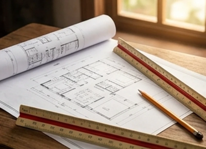 Tử vi tuổi Tỵ năm 2027: chi tiết vận hạn và trình tự cúng sao 6 Bản vẽ thiết kế nhà ở được trải rộng bên cạnh một chiếc thước lỗ ban