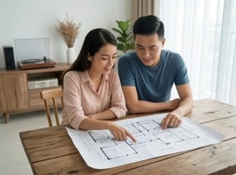 Hướng bàn thờ hợp tuổi Mùi: chuẩn 5 can chi và thước Lỗ Ban 2 Cặp vợ chồng trẻ đang thảo luận bản vẽ thiết kế phòng thờ dựa trên năm sinh của người chồng