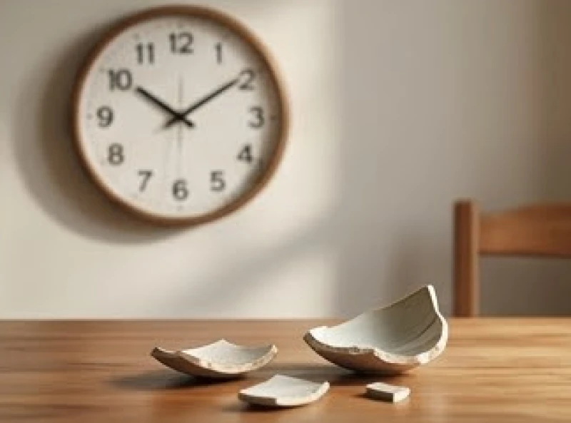 Đồng hồ treo tường hiển thị thời gian kết hợp cùng bối cảnh mảnh bát vỡ dưới sàn