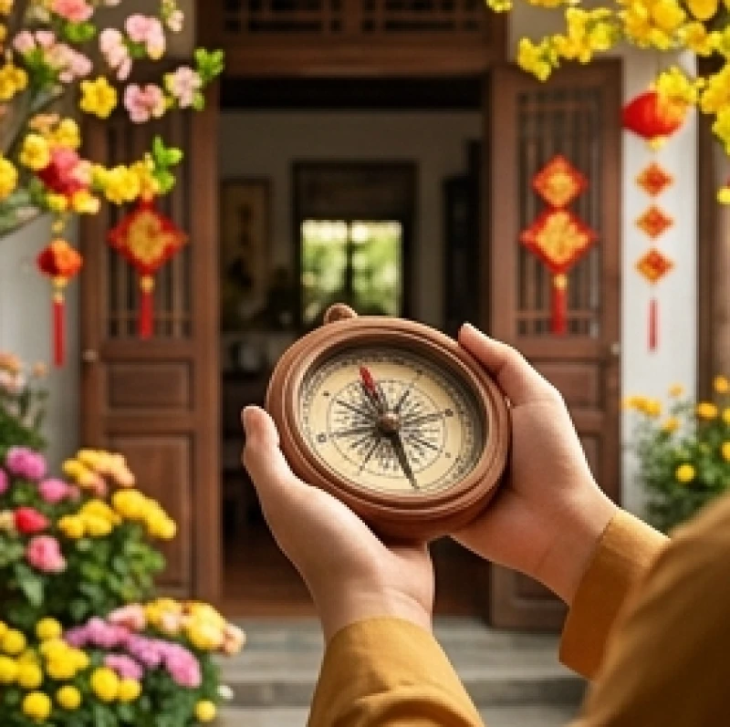 Tuổi Dần kiêng gì trong ngày Tết: chuẩn xác theo nạp âm 11 Gia chủ cầm la bàn trên tay để xác định phương vị tốt trước khi bước ra khỏi cổng nhà