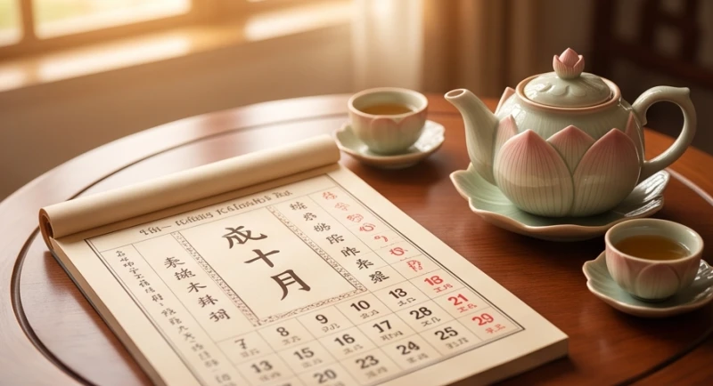 Cuốn lịch vạn niên truyền thống kết hợp cùng tách trà sen khi xem tuổi mùi cưới ngày nào tốt