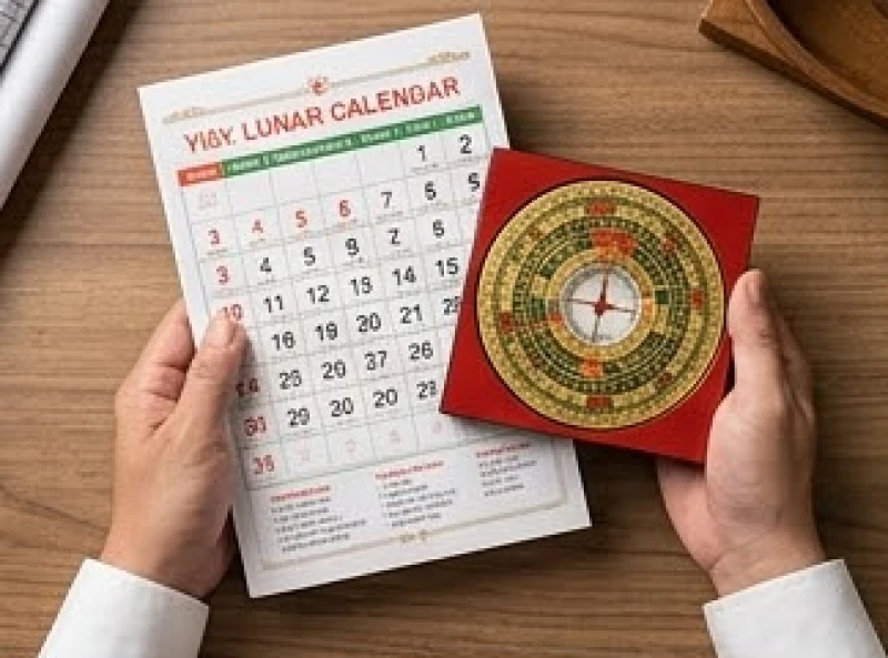 Người xem phong thủy đang tra cứu lịch vạn niên và la bàn để chọn ngày hoàng đạo khởi công