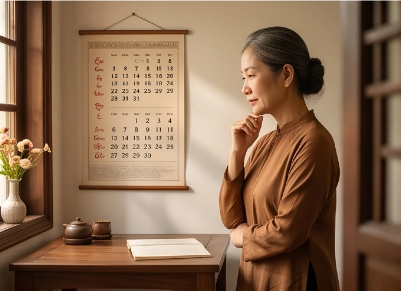 Người phụ nữ đang tra cứu lịch để lên kế hoạch phòng tránh vận hạn trong năm Bính Ngọ 2026