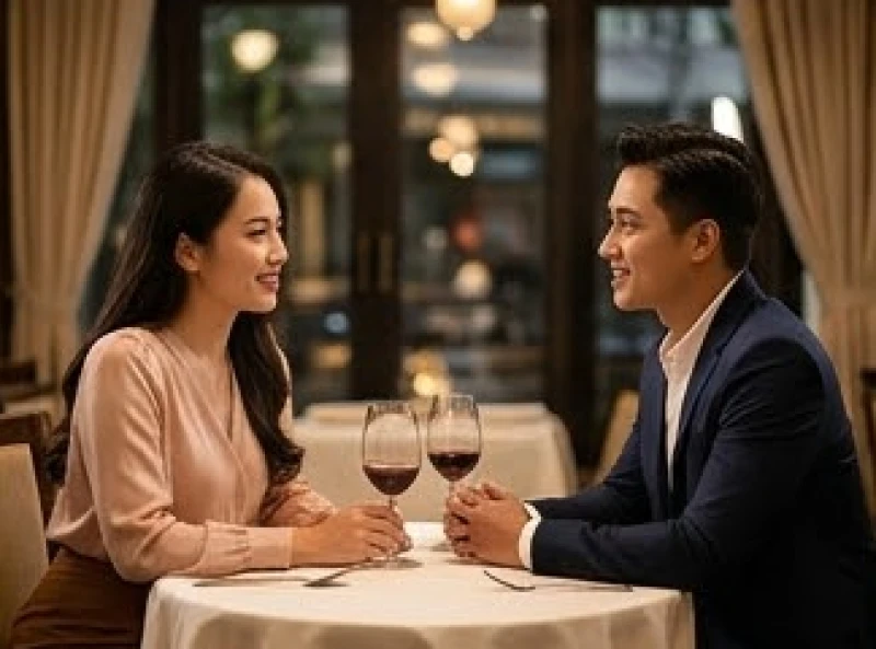Cặp đôi nam nữ gặp gỡ trò chuyện cởi mở trong buổi xem mắt tại một nhà hàng sang trọng và ấm cúng