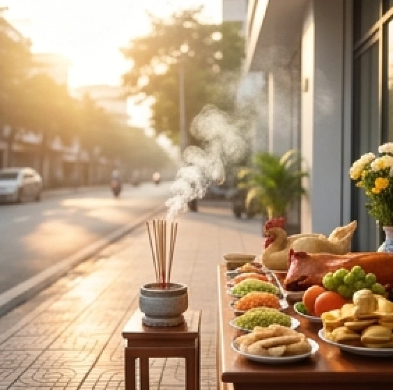 Không gian cúng khai trương bừng sáng dưới ánh nắng buổi sáng rực rỡ mang đến sinh khí tươi mới