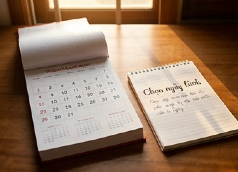 Cuốn lịch vạn niên được mở ra để tra cứu ngày hoàng đạo, đối chiếu với tuổi của người đã khuất