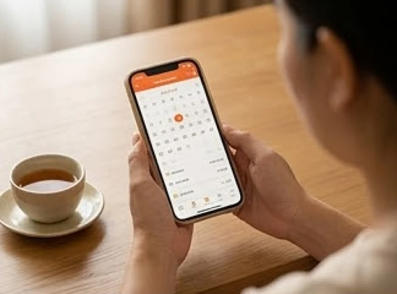 Gia chủ tra cứu lịch vạn niên trên điện thoại để chọn giờ hoàng đạo buổi sáng cho lễ cúng sửa nhà.