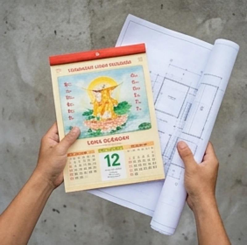 Gia chủ rà soát cuốn lịch vạn niên và bản vẽ thiết kế để chọn ngày hoàng đạo tiến hành đổ mái tầng một