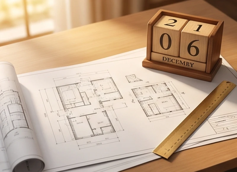 Bản vẽ thiết kế nhà đặt cạnh cuốn lịch chọn ngày hoàng đạo rực rỡ dưới ánh nắng
