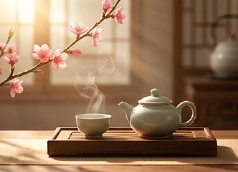 Tháng tốt xấu của tuổi Tý năm 2026: Đối chiếu theo từng nạp âm 2 Khay trà đạo và cành đào bích đang khoe sắc thể hiện năng lượng sinh sôi của những tháng vượng khí