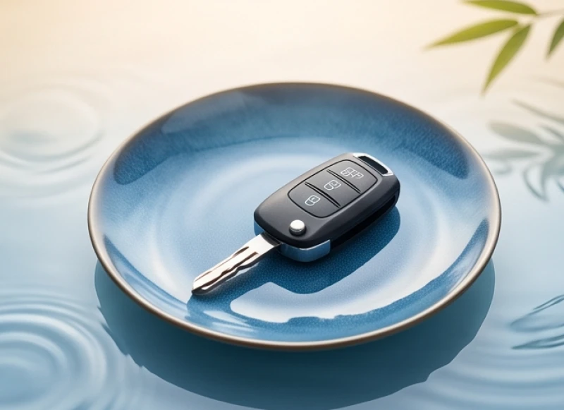 Chìa khóa xe ô tô đặt trên đĩa gốm sứ xanh dương mang ý nghĩa cầu bình an và may mắn khi xuất hành