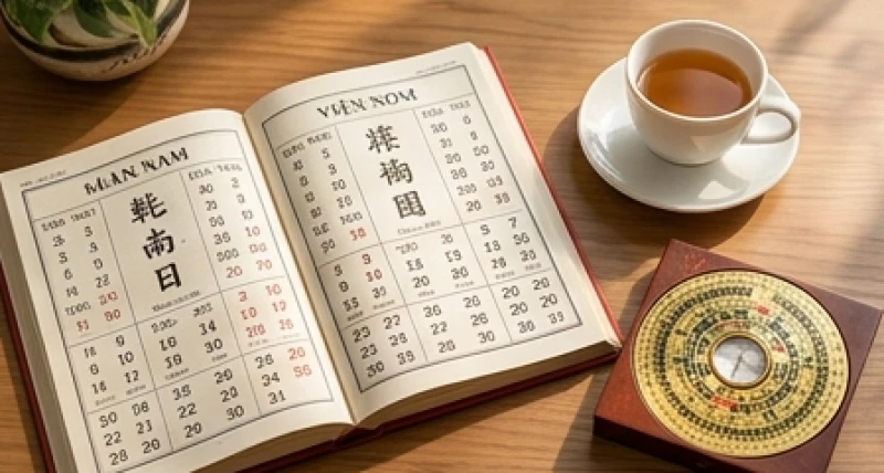 Cuốn lịch vạn sự mở ra trang chọn ngày giờ hoàng đạo bên cạnh tách trà nóng và chiếc la bàn phong thủy