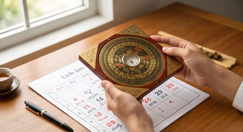 Gia chủ tuổi Dậu xem lịch vạn niên và la bàn phong thủy để chọn ngày giờ hoàng đạo khởi công xây nhà