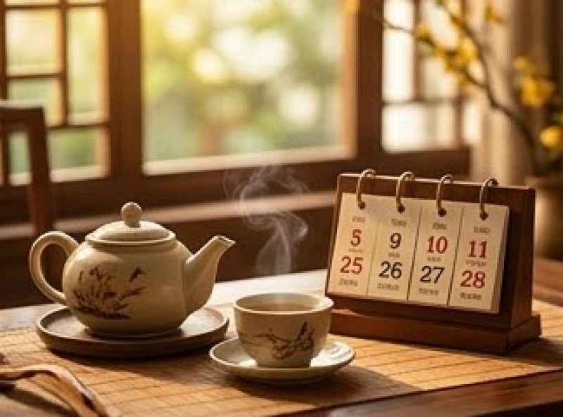 Tử vi tuổi Tân Hợi 1971 năm 2027: Sao hạn và lộ trình 12 tháng 8 Lịch vạn niên và tách trà nóng đặt trên bàn chuẩn bị cho việc chọn ngày hoàng đạo