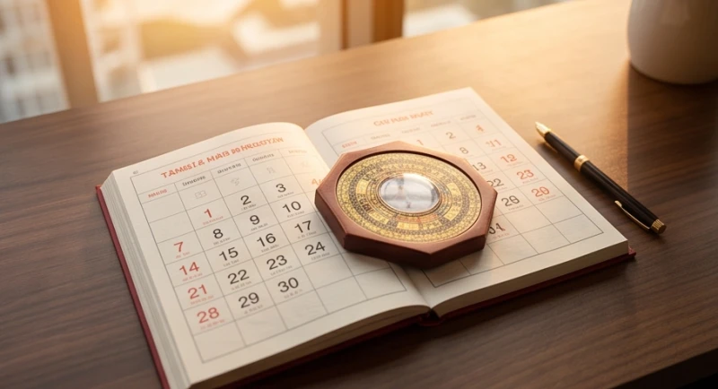 Sổ lịch vạn niên và la bàn dùng để chọn ngày giờ hoàng đạo nhằm đọc văn khấn khai trương văn phòng