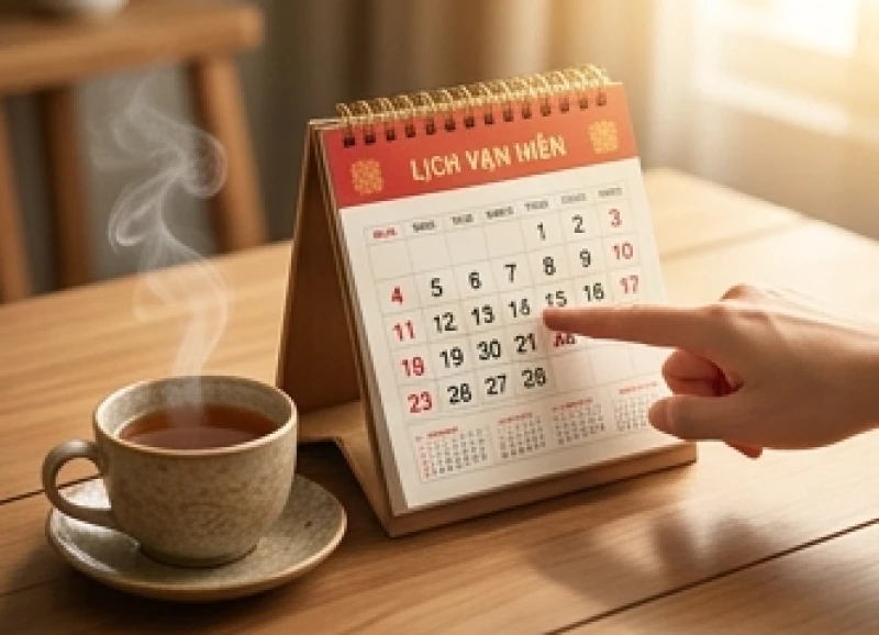 Cuốn lịch vạn niên và tách trà trên bàn gỗ thể hiện việc cẩn trọng chọn ngày giờ đẹp để mở cửa hàng