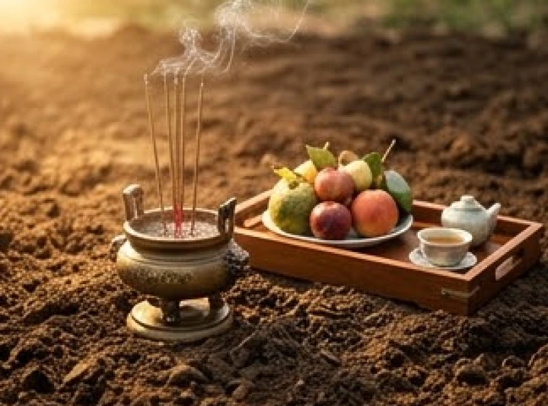 Mâm cúng và bát hương được chuẩn bị tươm tất trên nền đất mới để làm lễ động thổ vào ngày trực Khai