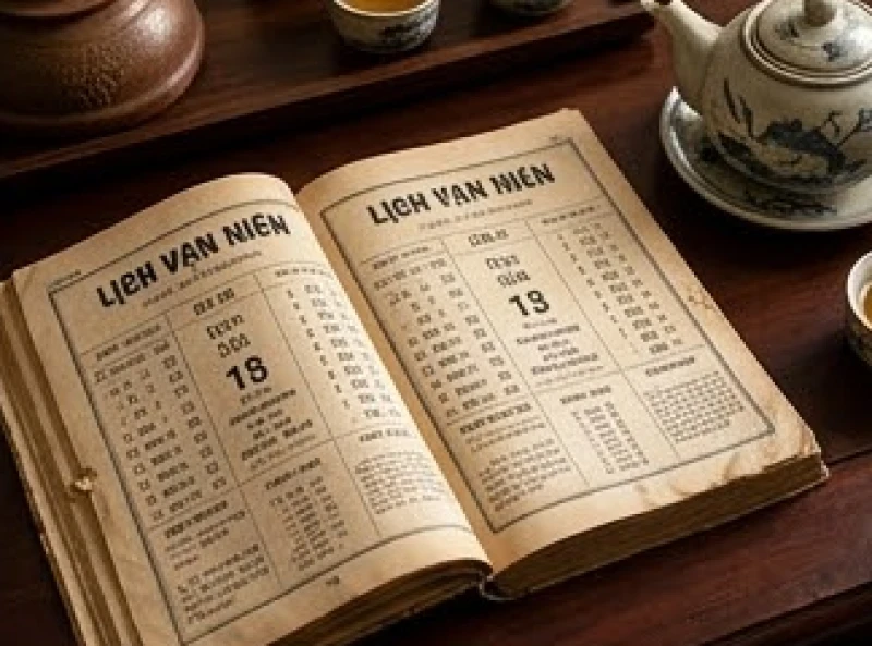Cuốn lịch vạn niên và tách trà mạn được đặt trên bàn gỗ để tra cứu ngày tốt thực hiện nghi lễ
