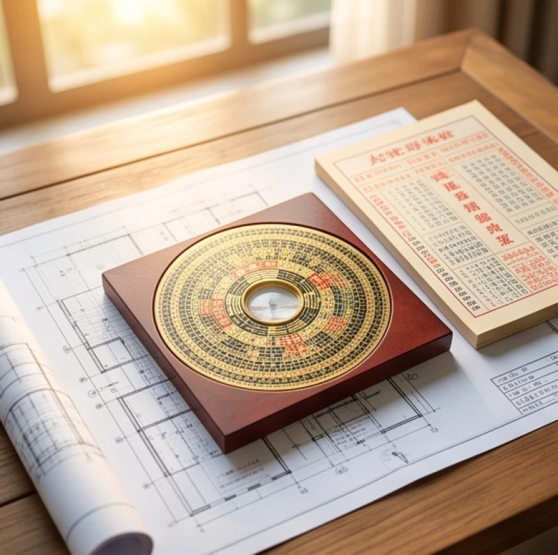 La bàn phong thủy và lịch vạn niên đặt trên bản vẽ thiết kế để chọn ngày hoàng đạo