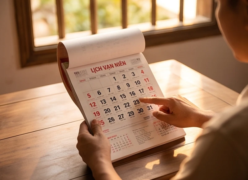 Gia chủ tra cứu lịch vạn niên để chọn ngày giờ hoàng đạo tiến hành động thổ sửa mái nhà