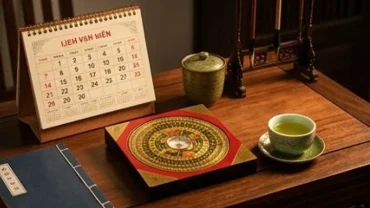 Cuốn lịch vạn niên và la bàn phong thủy đặt trên bàn gỗ truyền thống để xem ngày tốt xấu