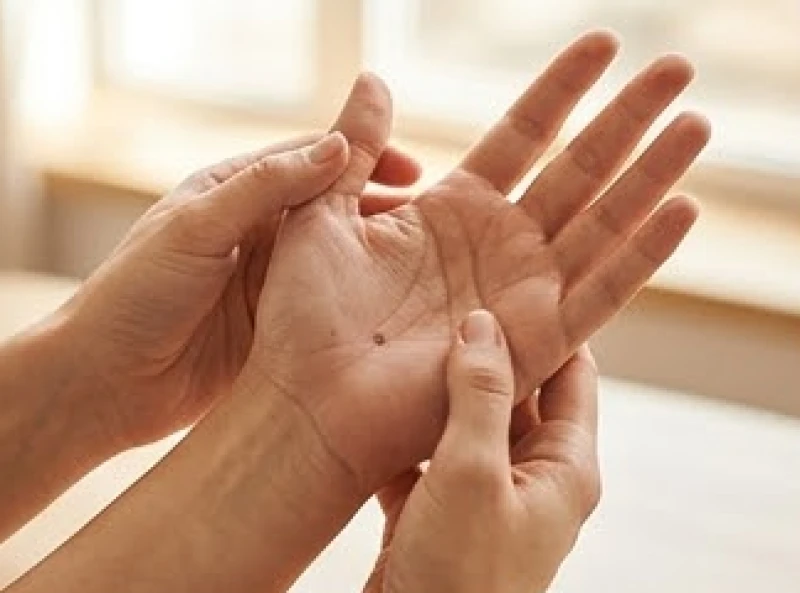 Thầy phong thủy đang đối chiếu và phân tích các nốt ruồi trên lòng bàn tay trái
