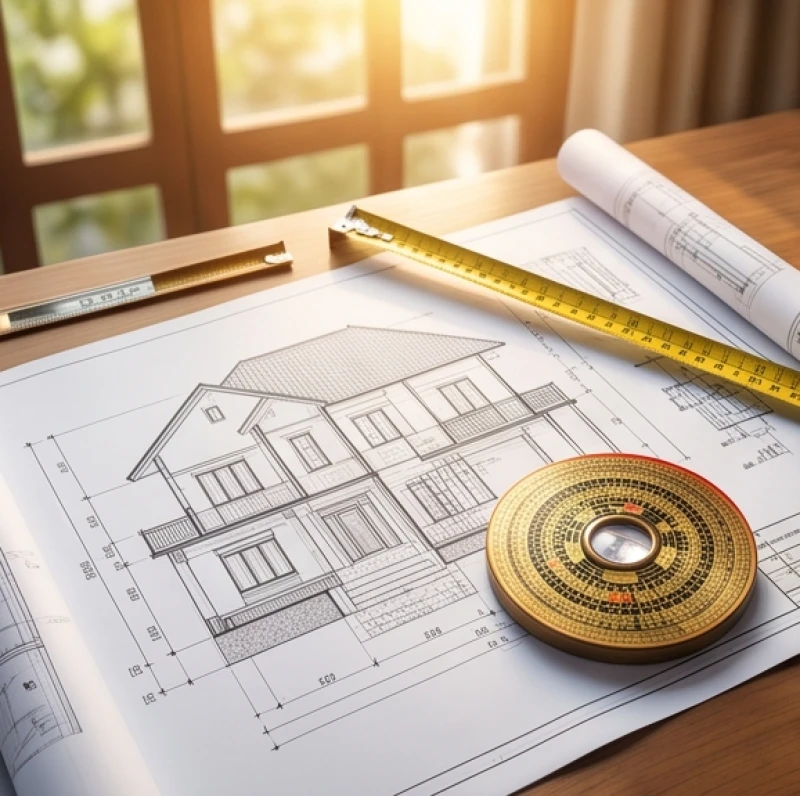 Bản vẽ thiết kế nhà đặt cạnh la bàn và thước lỗ ban trên bàn gỗ