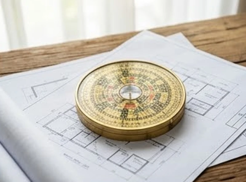 Tuổi Sửu nhập trạch ngày nào tốt: lịch 12 tháng & mâm cúng 2 Bản phác thảo phong thủy và la bàn đặt trên bàn gỗ để xác định hướng tốt