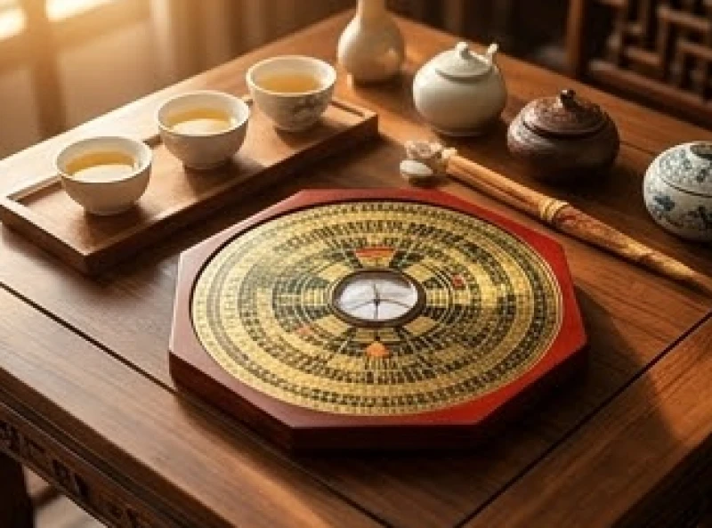 Tình duyên tuổi Dậu năm 2027: Tháng cát hỷ và hóa giải gia đạo 7 Bảng la bàn phong thủy truyền thống được đặt cạnh các vật phẩm trang trí tinh tế mang ý nghĩa cát tường