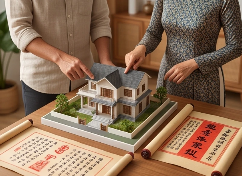Gia chủ đang xem phong thủy xây nhà trên sa bàn và các tài liệu kiến trúc