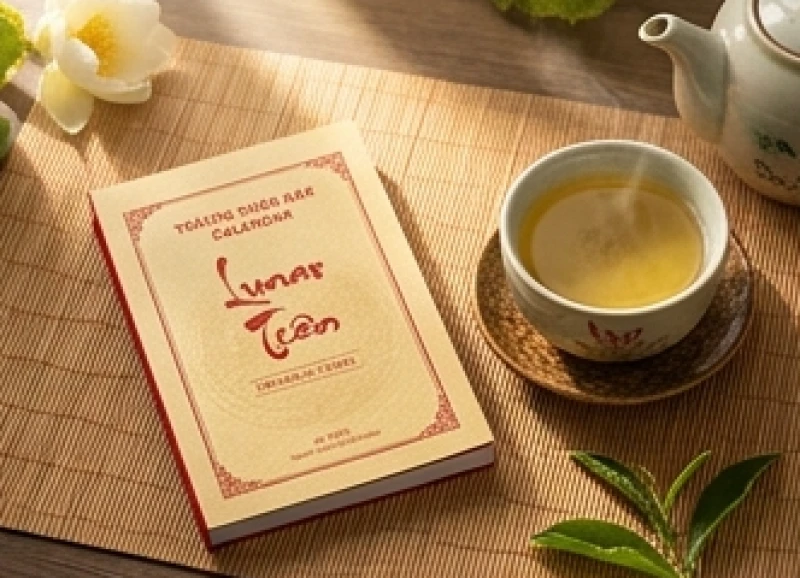 Tử vi tuổi Tỵ năm 2027: chi tiết vận hạn và trình tự cúng sao 2 Lịch vạn niên và chén trà sen đặt trên bàn gỗ, chuẩn bị xem sao chiếu mệnh