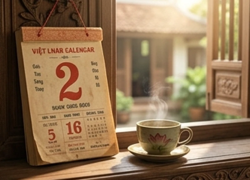 Cuốn lịch vạn niên và tách trà sen ấm nóng đặt cạnh cửa sổ trong ngôi nhà cổ