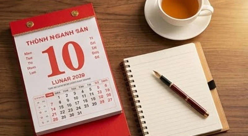 Tờ lịch đỏ và cuốn sổ tay ghi chép kế hoạch tổ chức đám cưới vào mùa thu cát lành để bảo vệ tình duyên tuổi Tuất