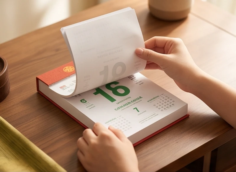 Người phụ nữ đang tra cứu lịch vạn niên và sách phong thủy để chọn ngày lành tháng tốt tiến hành công việc đại sự
