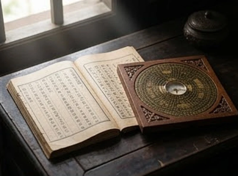 Sách tử vi truyền thống và la bàn phong thủy đặt cẩn thận trên mặt bàn gỗ cổ kính