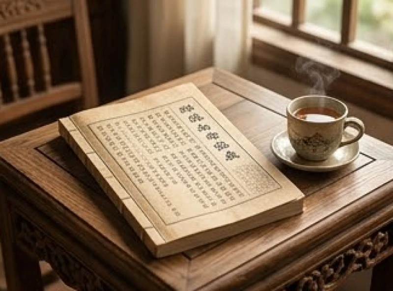 Sổ tử vi truyền thống đặt trên bàn gỗ cùng chén trà nhỏ mộc mạc