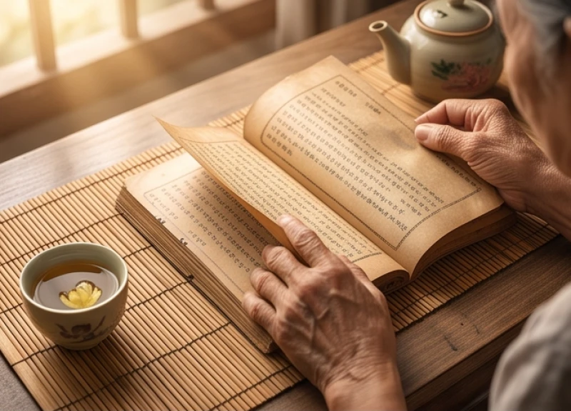 Người lớn tuổi đang cẩn thận lật mở từng trang sách phong thủy để kiểm tra hạn niên cá nhân