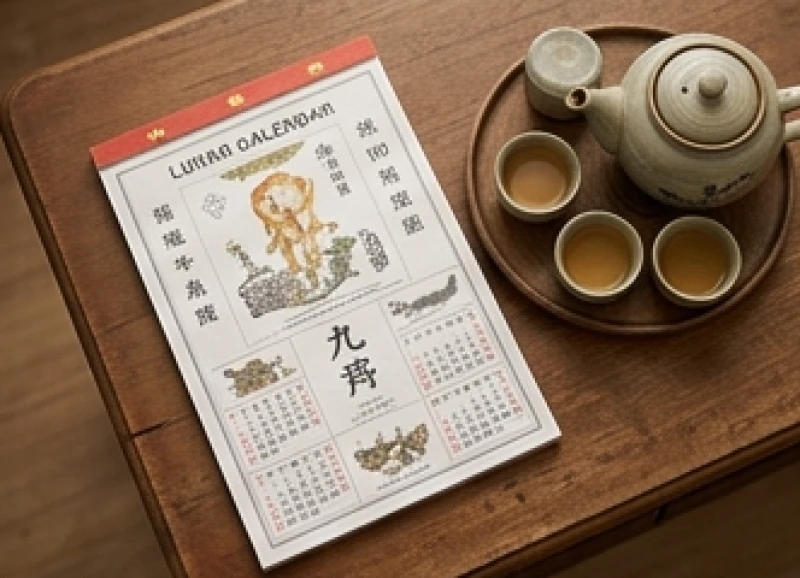 Tuổi Sửu hợp sinh con tuổi gì: Ma trận phối tuổi & hóa giải 3 Cuốn lịch vạn niên và bộ ấm trà bằng gốm sứ đặt trên mặt bàn gỗ cổ điển