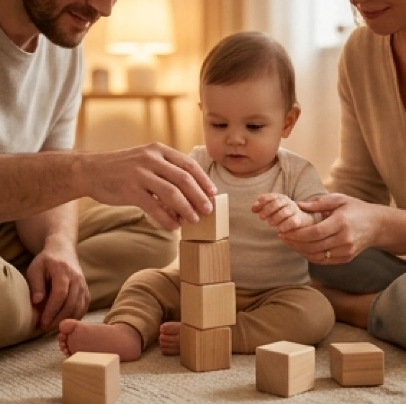 Bàn tay của cha mẹ và trẻ nhỏ đang cùng nhau xếp các khối gỗ thể hiện sự gắn kết và hòa hợp gia đình