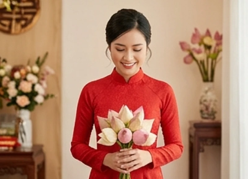 Cô dâu tuổi Sửu mặc áo dài đỏ truyền thống mỉm cười rạng rỡ trong ngày ăn hỏi