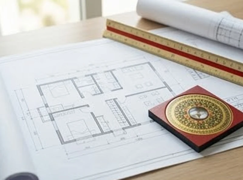 Bản vẽ thiết kế kiến trúc nhà ở kết hợp cùng thước Lỗ Ban và la bàn phong thủy