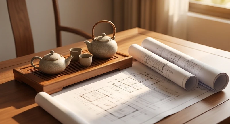 Cuốn lịch vạn niên và bộ ấm trà mộc mạc đặt trên bàn gỗ tượng trưng cho việc chọn ngày giờ động thổ