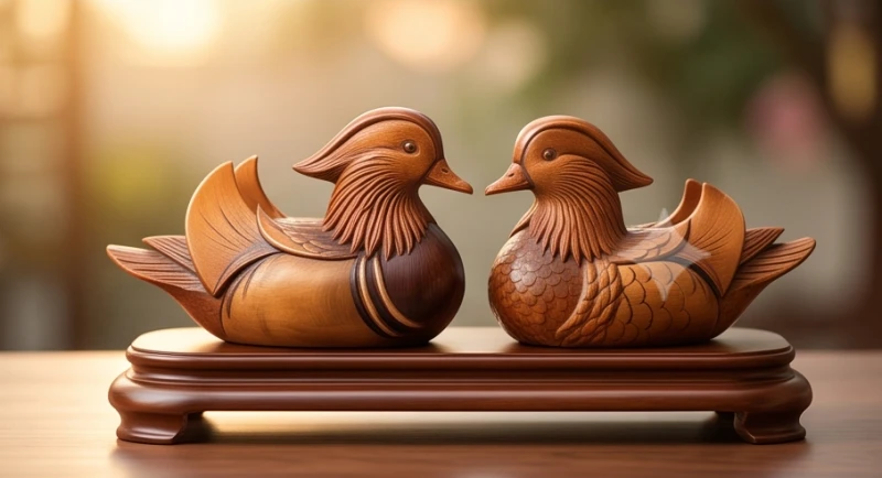 Đôi chim uyên ương bằng gỗ quý được điêu khắc tinh xảo tượng trưng cho sự gắn kết hòa hợp của bộ ba Hợi Mão Mùi