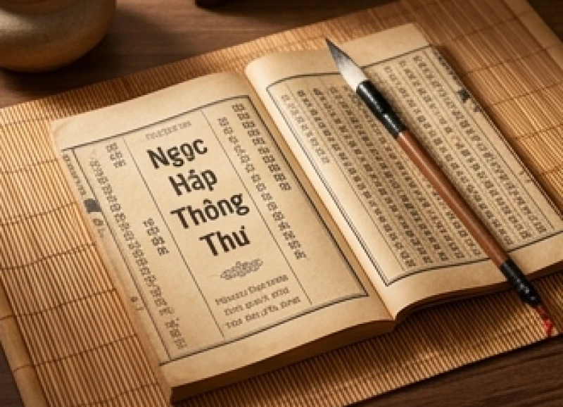 Tuổi Thân hợp kết hôn với tuổi nào: Bảng tra chi tiết & năm cưới 3 Cuốn sổ tay Ngọc Hạp Thông Thư cùng bút lông thư pháp dùng để tra cứu xem tuổi kết hôn đại cát cho nam nữ