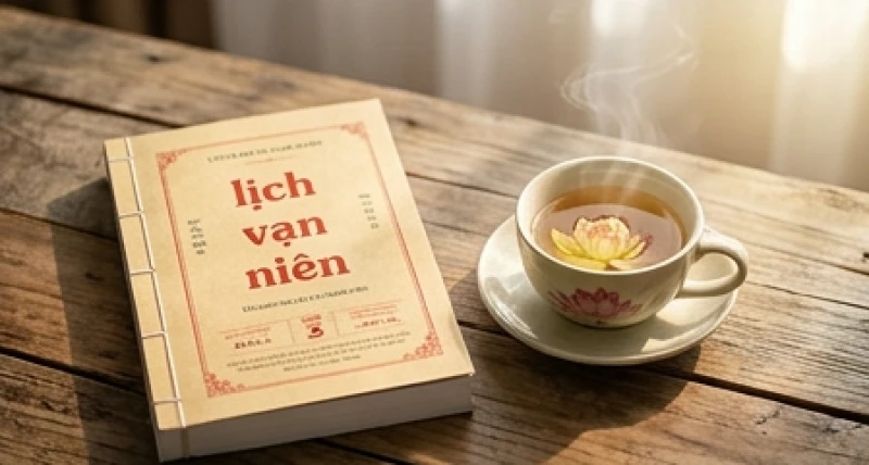Cuốn lịch vạn niên và tách trà hoa sen trên bàn gỗ dùng để tra cứu ngày tháng năm cưới hỏi