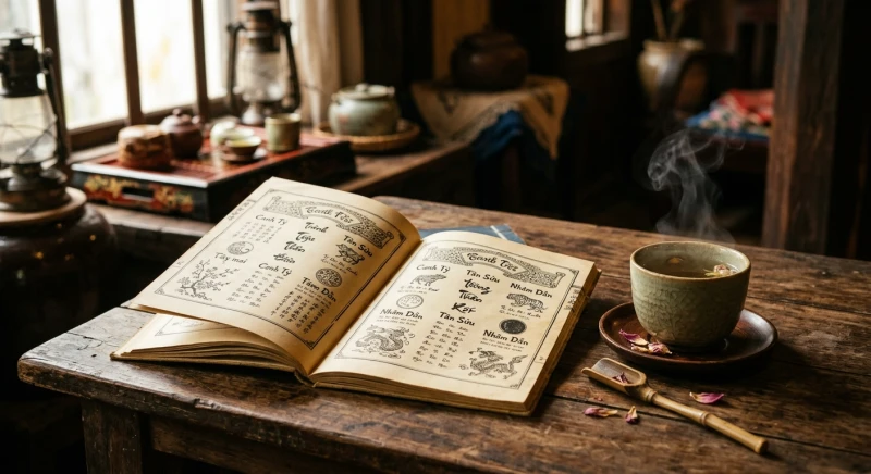 Tam hợp tuổi Tý: Đối chiếu nạp âm và cách hóa giải Tam tai 12 Cuốn sách Lục thập hoa giáp đang mở ra bên cạnh tách trà ấm thể hiện sự nghiên cứu kỹ lưỡng bản mệnh