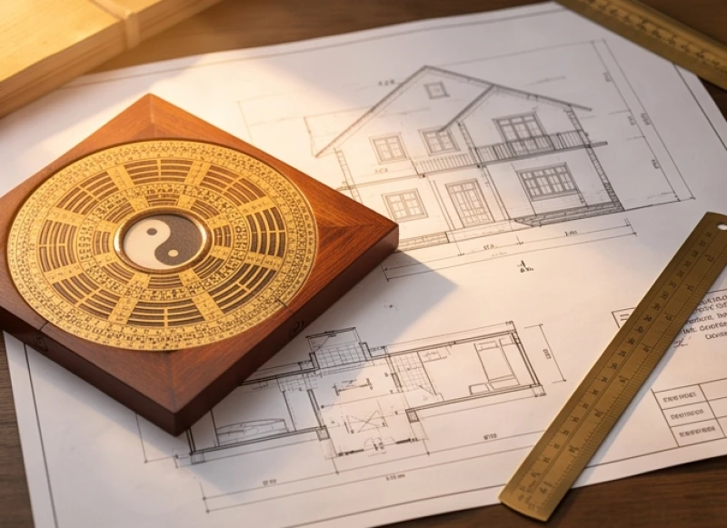 Bản vẽ thiết kế nhà ở truyền thống đặt cạnh la bàn phong thủy để xác định hướng tốt