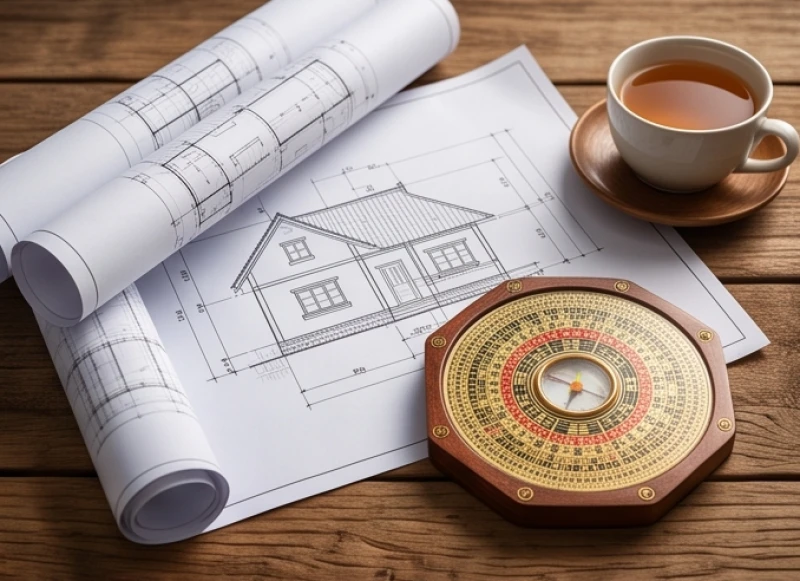 Bản vẽ thiết kế nhà ở được đặt cạnh la bàn phong thủy để chuẩn bị cho việc khởi công xây dựng